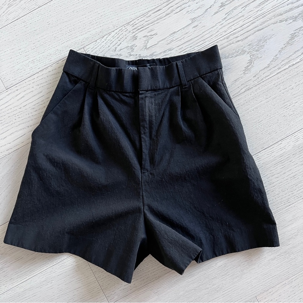 Zara Black High Waist Linen-Blend Tailored Shorts